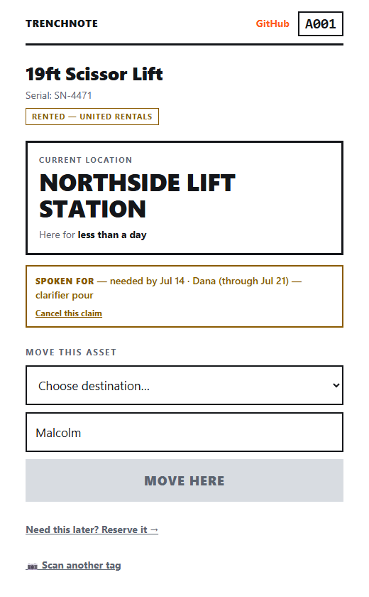 The asset page on a phone: a large plate reading NORTHSIDE LIFT STATION, a RENTED badge with the vendor name, and an orange MOVE HERE button.