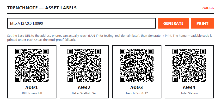 A printable sheet of QR labels, each with a large human-readable tag code printed underneath.